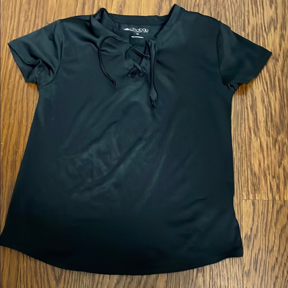 Ideology Black Short Sleeve Tie Front T-Shirt with Mandarin Collar